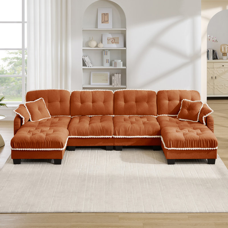 Canapé en forme de U en chenille avec 4 coussins, repose-pieds mobile à garniture pom-pom capitonnée, conception ergonomique, canapé à assise profonde facile à assembler pour le bureau du salon, appartement, orange