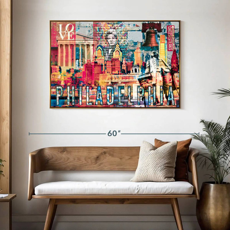 Monuments de Philadelphie, grunge, 13 po x 9 po, Cadre flottant doré