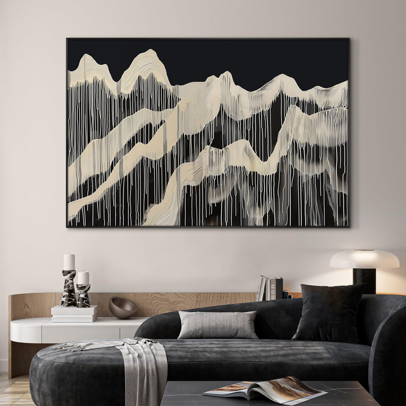 Très grand art mural encadré «Dripping Mountains on Black», expressionniste moderne, illustration de paysage abstrait pour la maison, salon, chambre à coucher (assemblage requis)