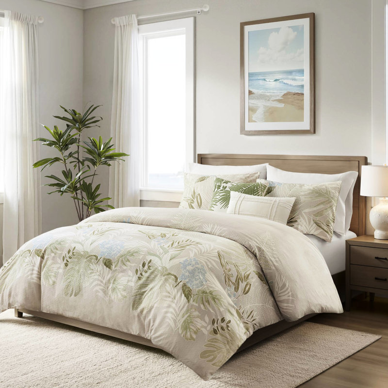Housse de couette 5 pièces pour lit King/King, motif tropical bleu, 100 % coton, avec coussins décoratifs et attaches intérieures. Fermeture à glissière invisible.