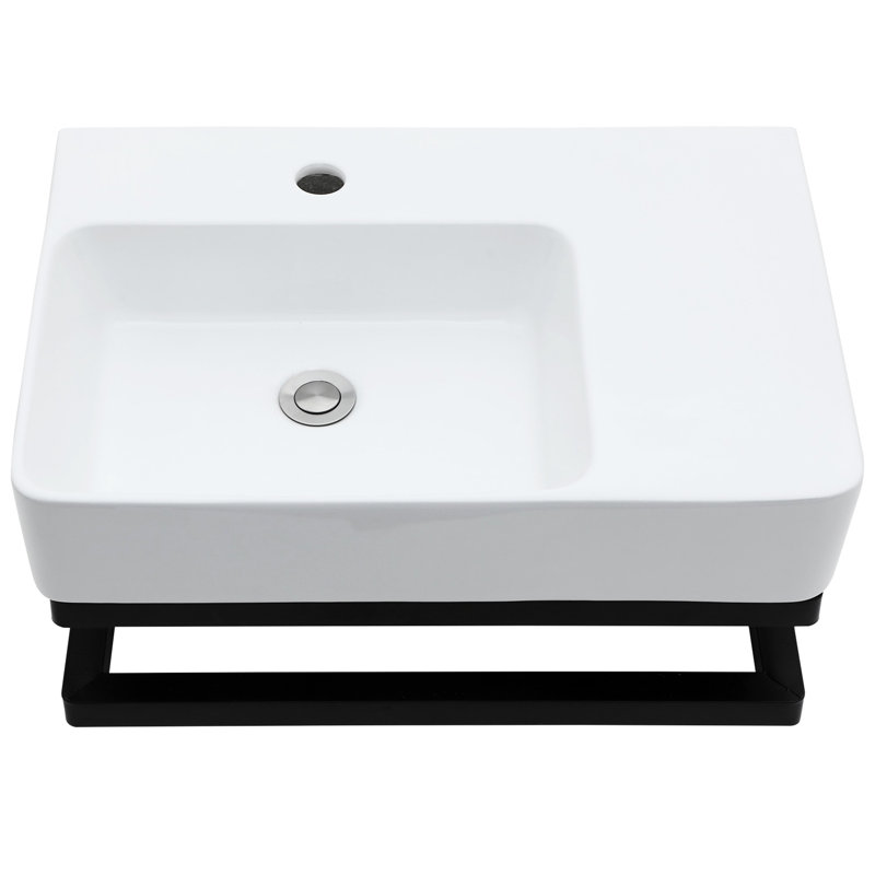 Lavabo de salle de bain mural rectangulaire en céramique blanche 23,06 po x 16,5 po avec barre à serviettes noire, répartition du poids pour barre de stabilité et trou de robinet, conception peu encombrante, teinture, installation facile à nettoyer
