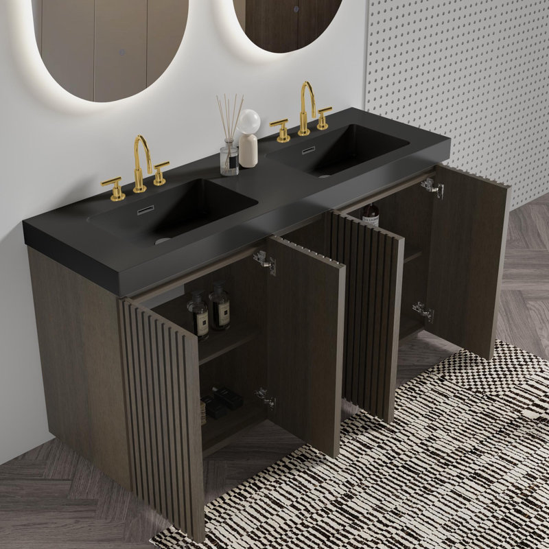 Meuble-lavabo avec lavabo et grand rangement 60F, Chêne fumé, Noir