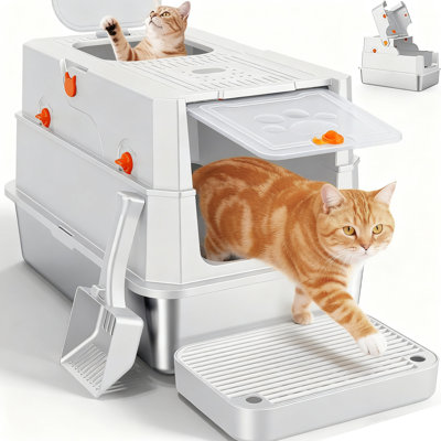 Stainless Steel Enclosed Cat Litter Box with High Sides, Dual Entry, Odor-Control Lid, Leak-Proof & Easy to Clean, Includes Litter Scoop and Litter Catching Step Board – White