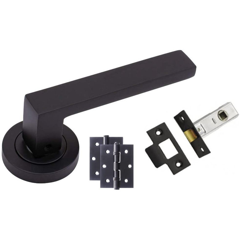 1 Set Delta Door Handles on Round Rose in Stunning Matte Black Finish with 1 Pair of 3" Ball Bearing Hinges and 45mm Black Tubular Latch