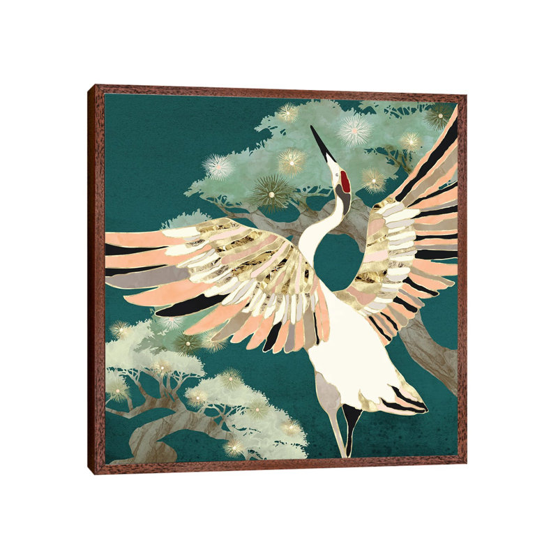 Golden Crane - Print on Canvas, Classic Brown Wood Framed, 45.72 cm H x 45.72 cm W
