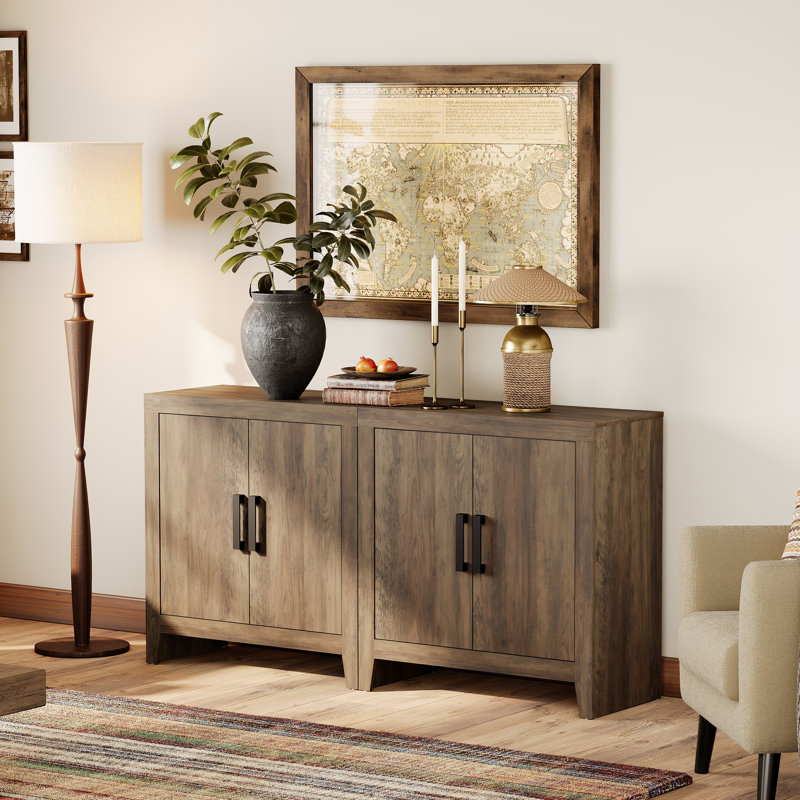 Farmhouse TV Stand For Tvs Up To 65 Inch, Rustic Wood Entertainment Center & Media Console With 4 Storage Doors, Accent Cabinet For Living Room, Hallway, Rustic Brown