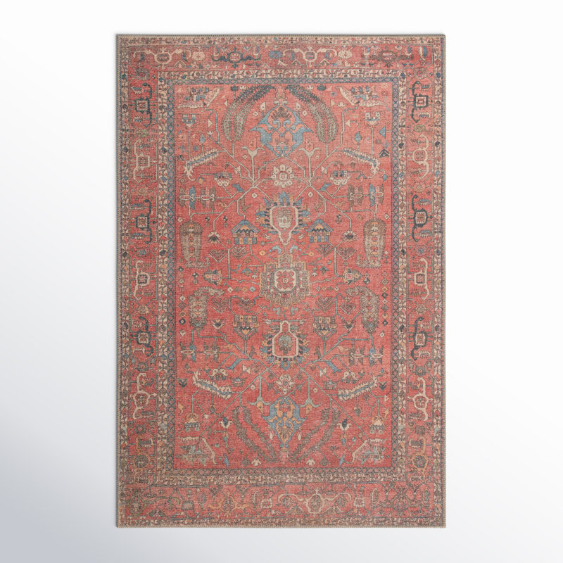 Machine Washable Red Oriental Cotton Synthetic Area Rug 6' x 9'