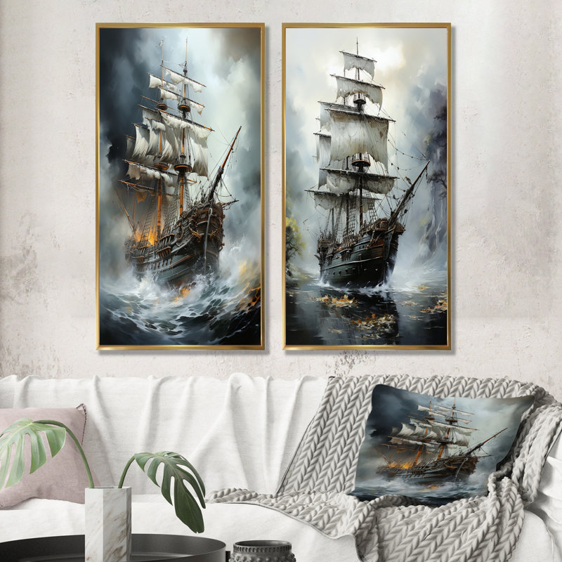 «Stormy Seas Corsairs Pirate Ghost Ship», ensemble de 2 impressions sur toile pirate, Cadre flottant doré, H 28 po x l 25 po