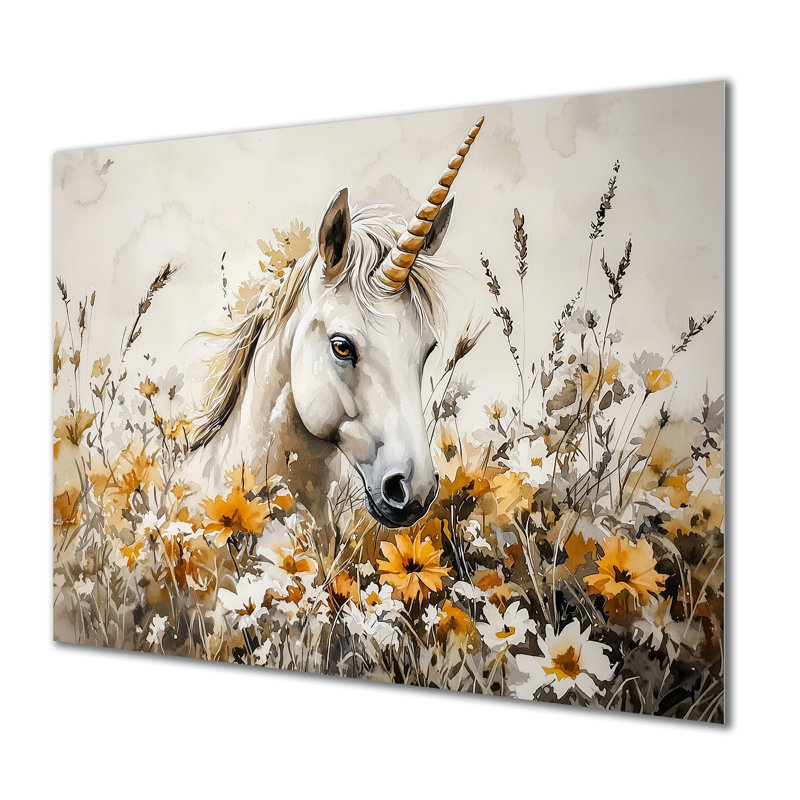 «Unicorn Wondering In The Flower Meadow I», impression sur métal moderne, H 34 po x l 44 po