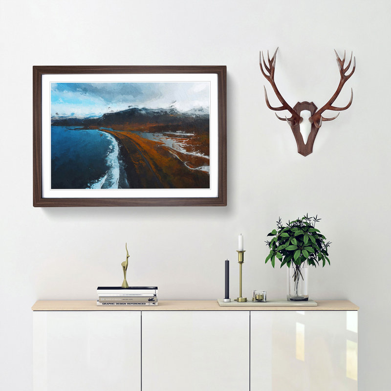 Black Sand Beach in Iceland - Picture Frame Painting Print, 48cm H x 65cm W x 2cm D, Walnut Framed