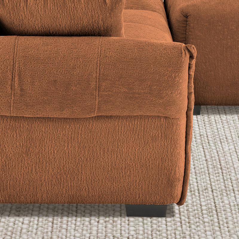 Chenille Upholstered 2-Seater Sectional Sofa With Ottoman, Burnt Orange Chenille