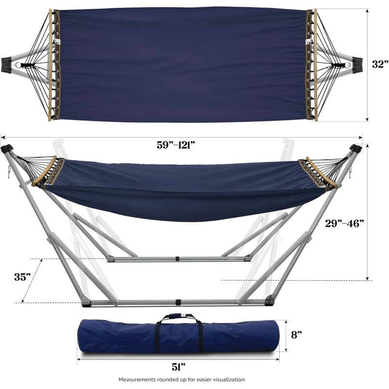 Toile de hamac avec support en acier robuste et rapide, Bleu marine/blanc