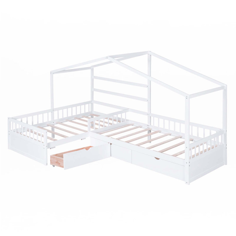 Lit plateforme House avec trois tiroirs de rangement, Blanc