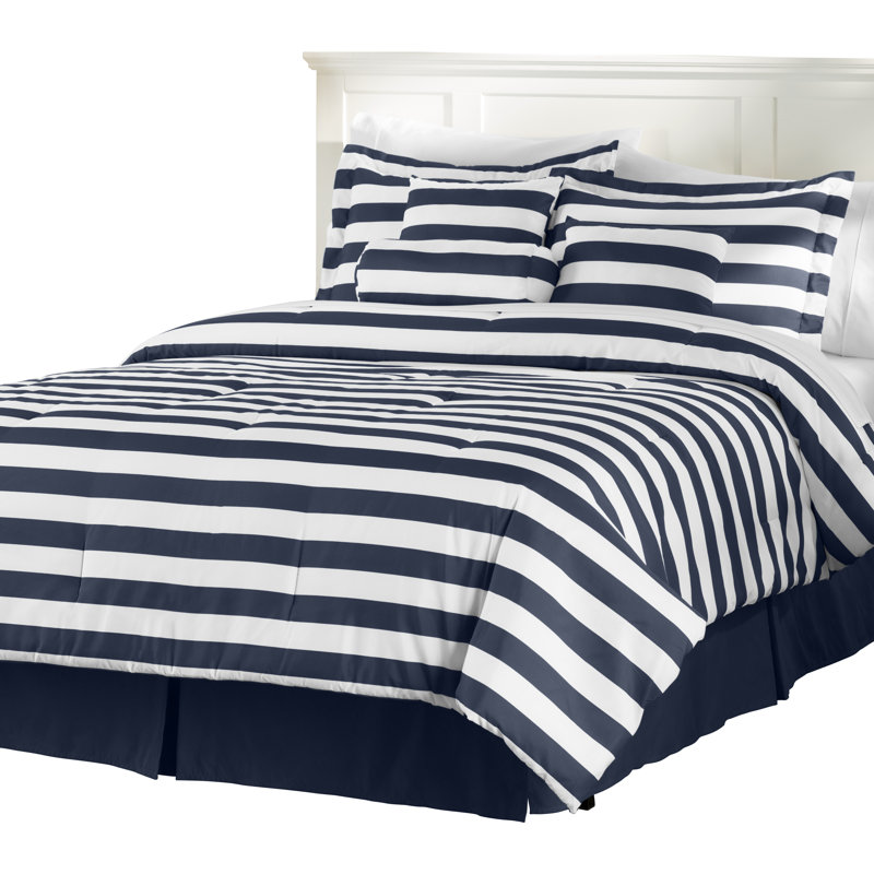 Basics Standard Striped Comforter Set, Queen, White / Navy