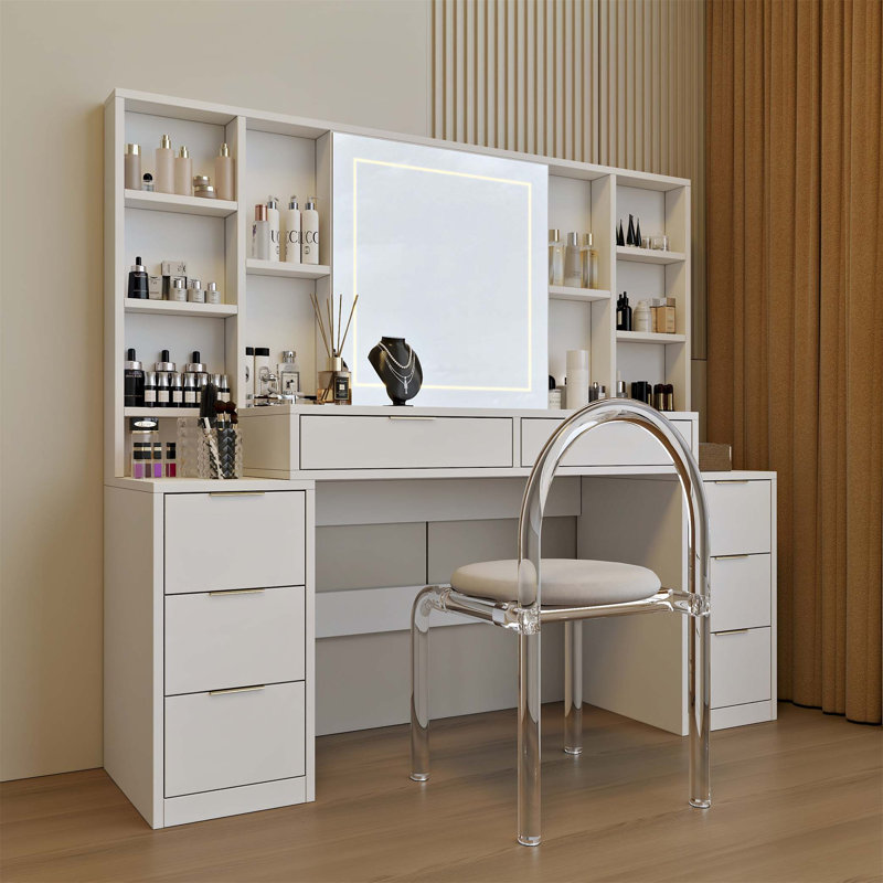 Grand bureau de coiffeuse avec lumières DEL réglables et beaucoup de rangement, parfait pour les chambres à coucher et l'organisation élégante