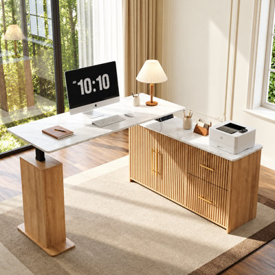 Bureau debout en L de 55 po, bureau assis-debout électrique à hauteur réglable avec tiroirs et armoire de rangement, bureau d'angle cannelé moderne pour bureau à domicile, marbre blanc