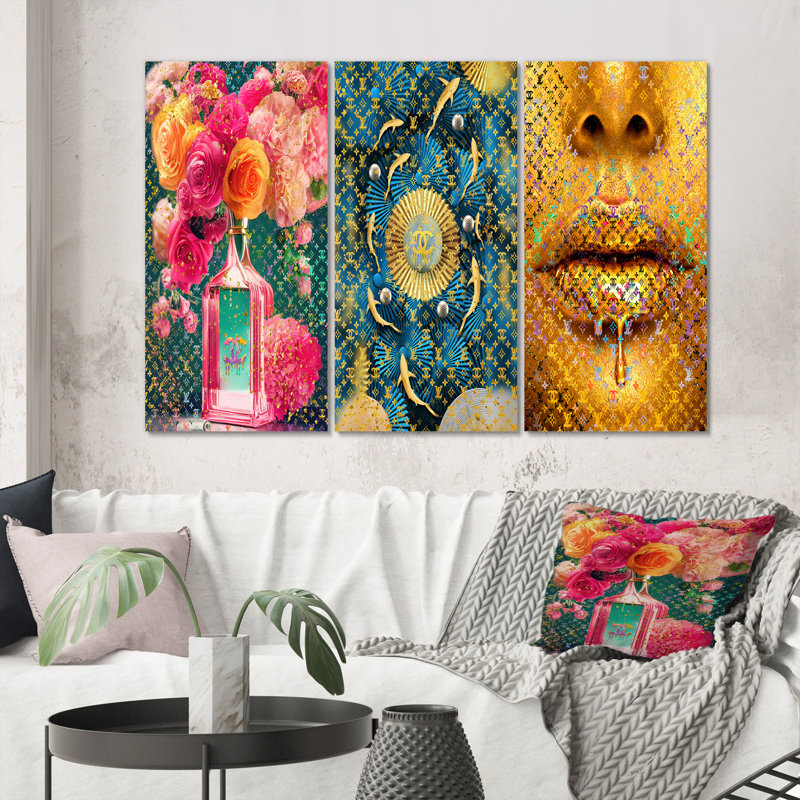 Vase de parfum haute couture avec fleurs II sur toile, 3 pièces, H 28 po x l 36 po x P 1 po