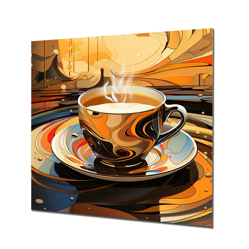 «Yellow Steaming Coffee Brew» - Art mural en métal café, H 16 po x l 16 po