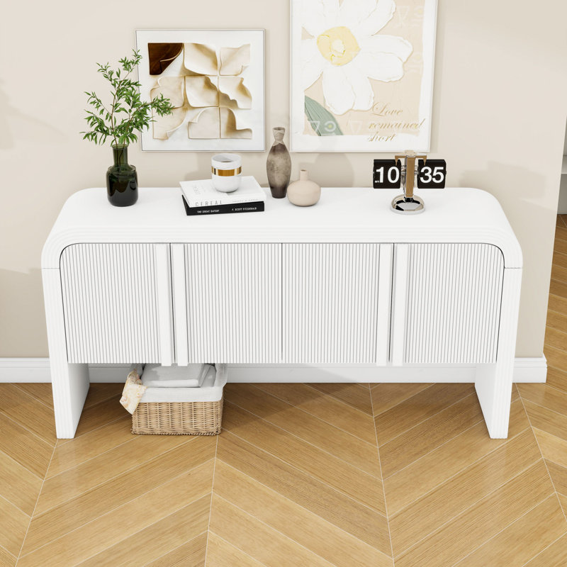 Console moderne à bord arrondi avec portes ondulées et tablettes réglables pour le hall d'entrée, Blanc