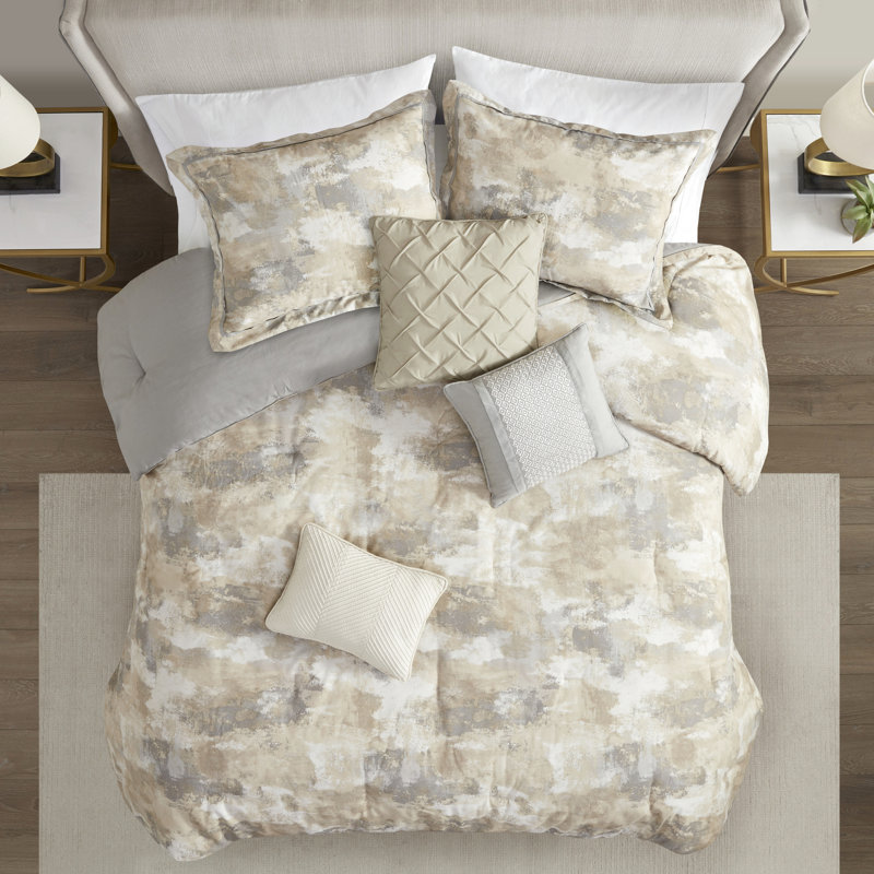 King Size Comforter In Gray With Abstract Print And Solid Reverse Glamorous 2 Matching Shams Decorative Pillows