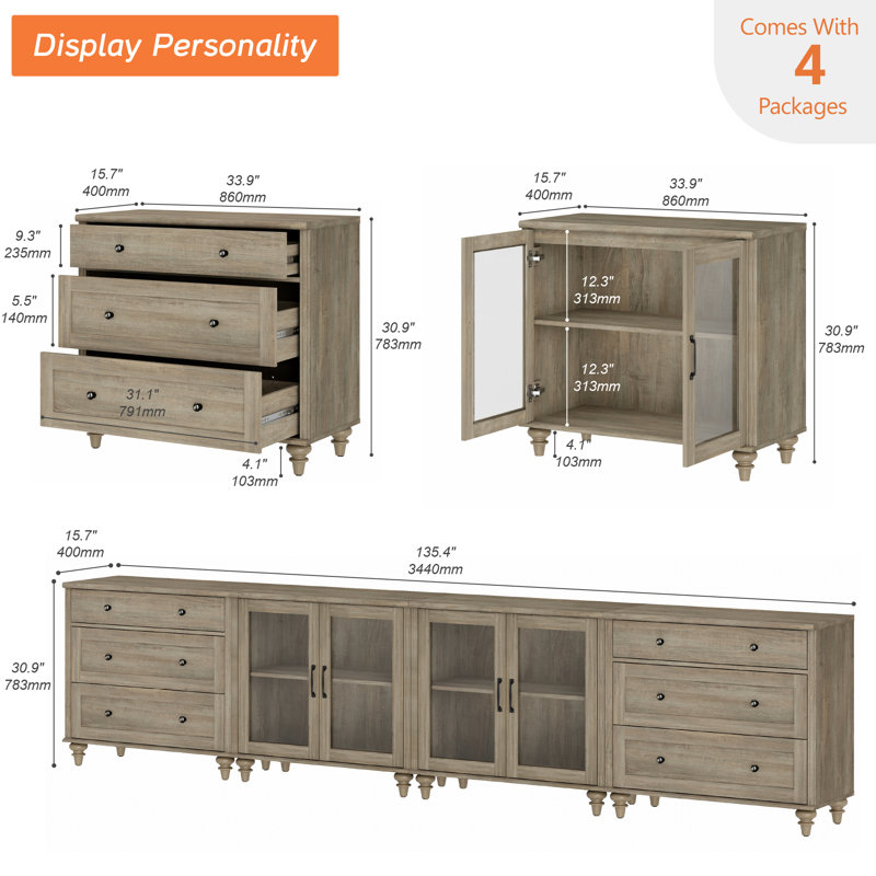 Aber 135.4'' Sideboard, Wash Gray