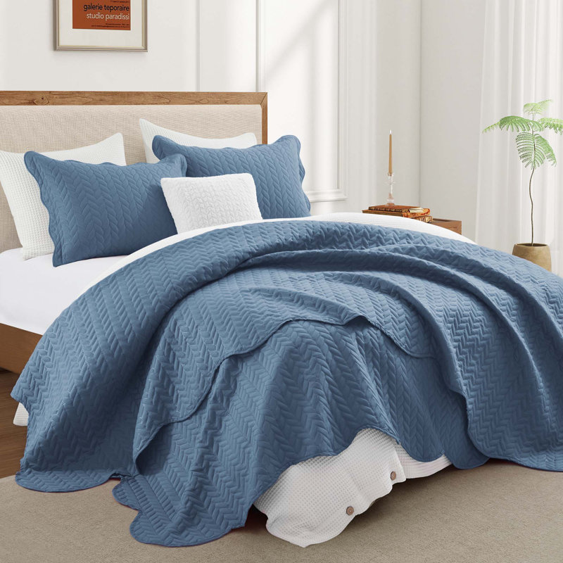 Embossed Microfiber Quilt Coverlet Set, Washed Blue, Queen ( 90 Inc x 96 Inc )