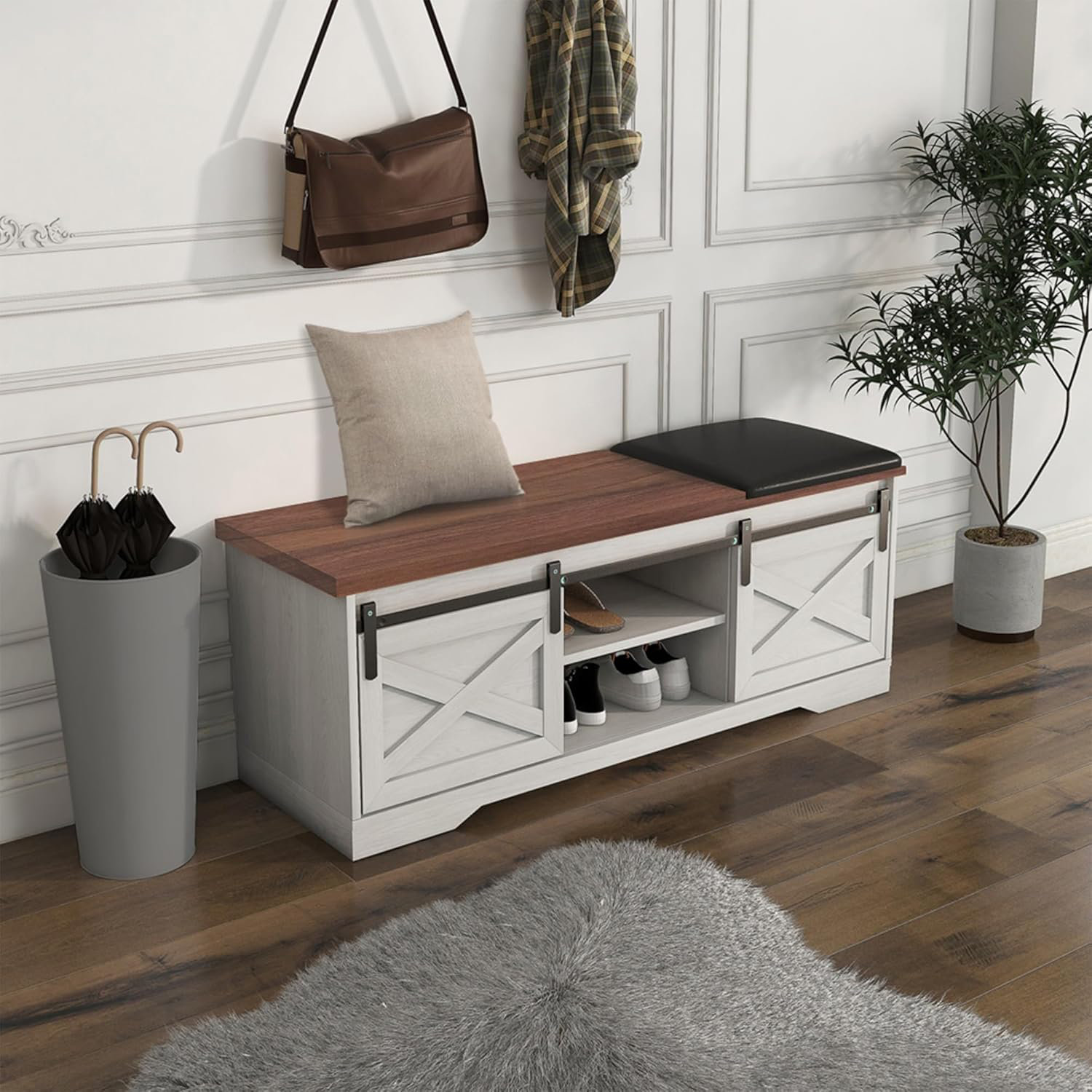 August Grove® Shoe Bench with Storage, 2-Tier Wooden Cushioned Bench ...