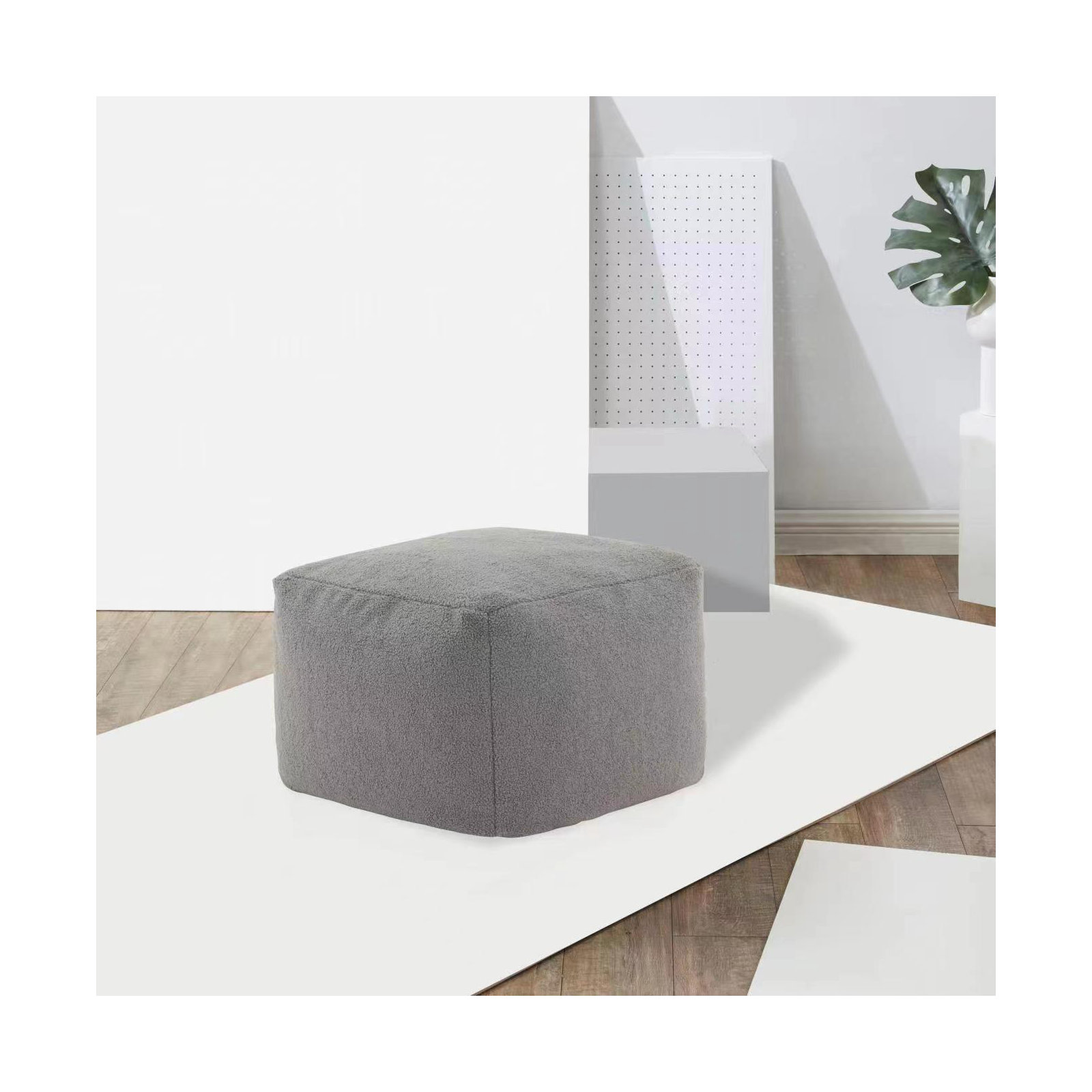 Inaki Upholstered Pouf, Gray Faux Lams Wool
