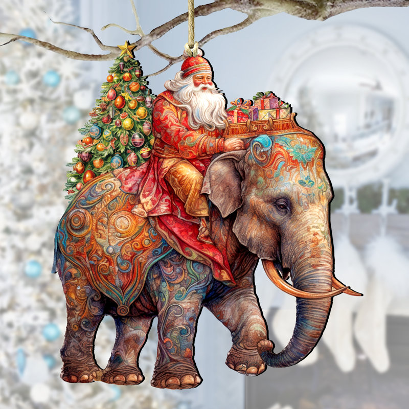 Ornement en bois «Père Noël sur éléphant» par Debrekht