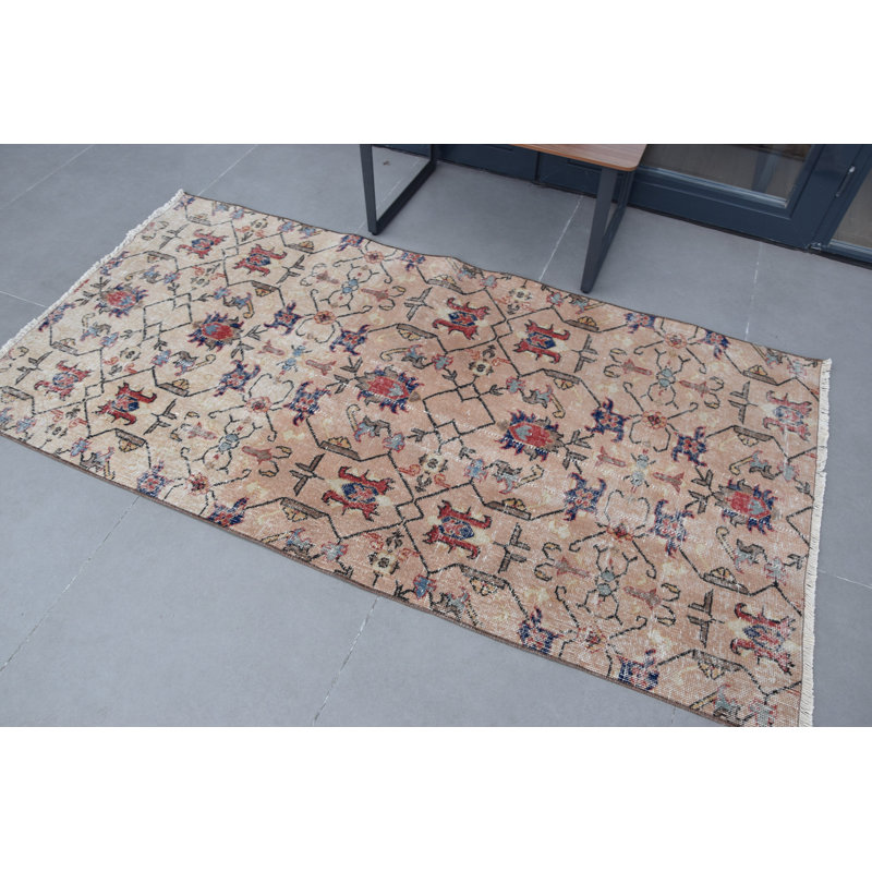 Tapis turc rétro Oushak - motif ethnique beige pour décor de vestibule, de chambre de bébé ou de chambre à coucher