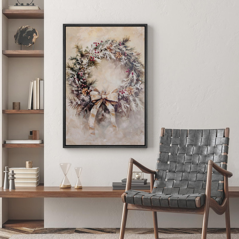 Couronne de sapin de Noël d'hiver avec baies, pommes de pin et ruban, art moderne, Cadre flottant noir, H 36 po x l 24 po