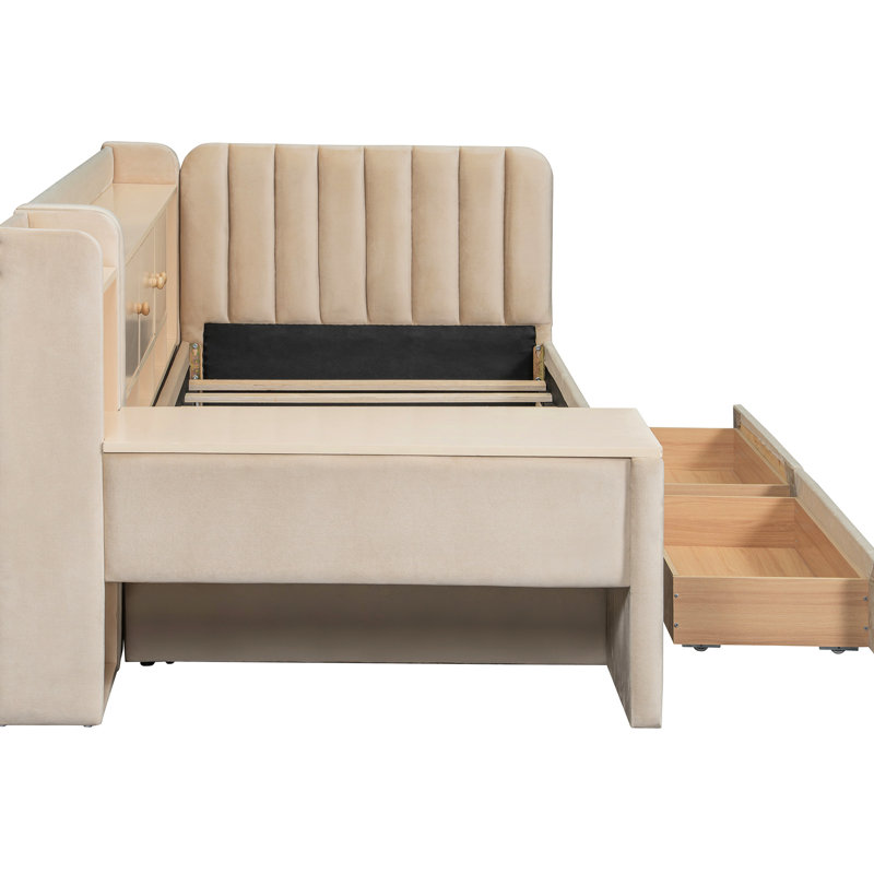 Lit de jour rembourré beige de taille simple avec tiroirs, tablettes, armoires rabattables et table d'appoint - Conception tout-en-un pour les petits espaces invités, espaces de vie fonctionnels avec solution de rangement, pratique