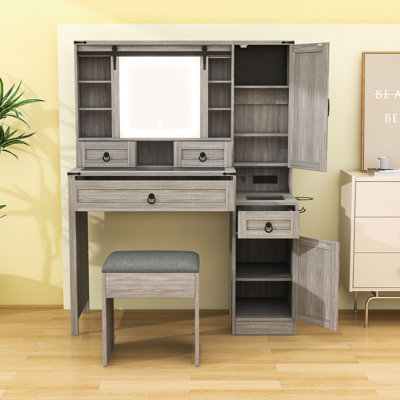 Vanity Desk with Lights, 4 Drawers and 2 Cabinets