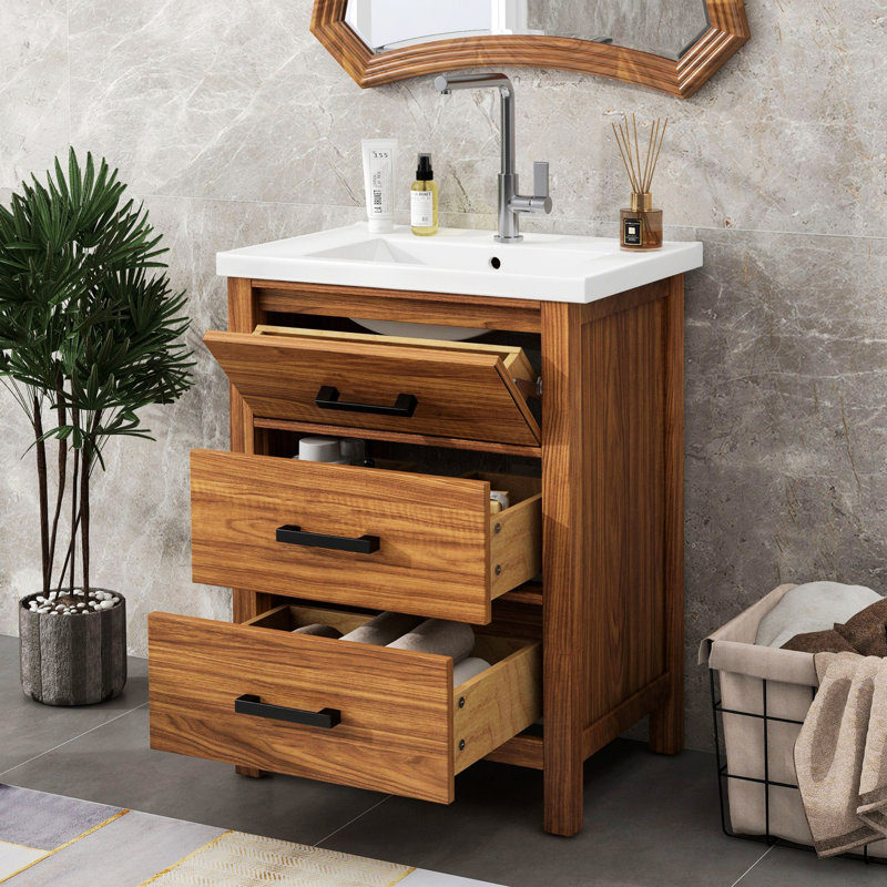 Meuble-lavabo de salle de bain avec lavabo en céramique, armoire de rangement avec 3 tiroirs