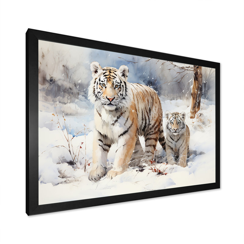 Tigres blancs jouant dans la neige III - tigre, art mural, Cadre d'angle fermé noir, H 24 po x l 32 po x P 1 po