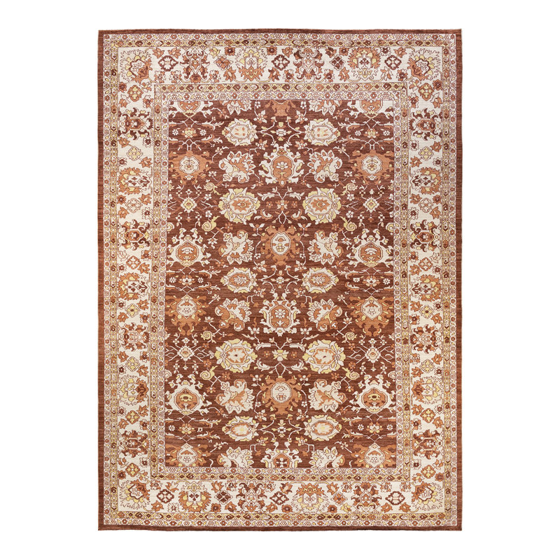 Tapis brun / blanc / rouge / orange en laine noué à la main de conception unique 9 pi 10 po x 13 pi 10 po New Age