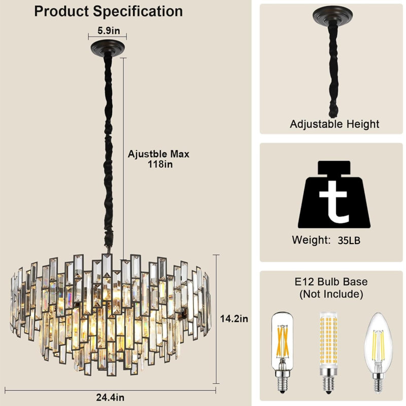 Modern Round K9 Crystal Chandelier, 14"H x 25"W x 25"D
