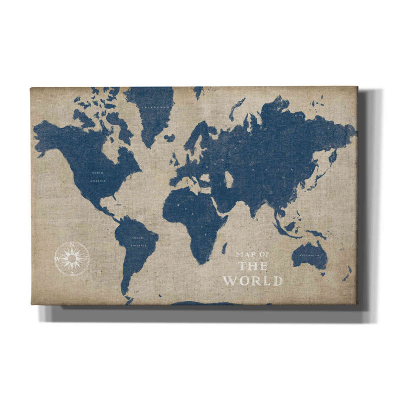 «Burlap World Map I Navy» par Sue Schlabach, estampe numérique sur toile, L 18 po x H 12 po