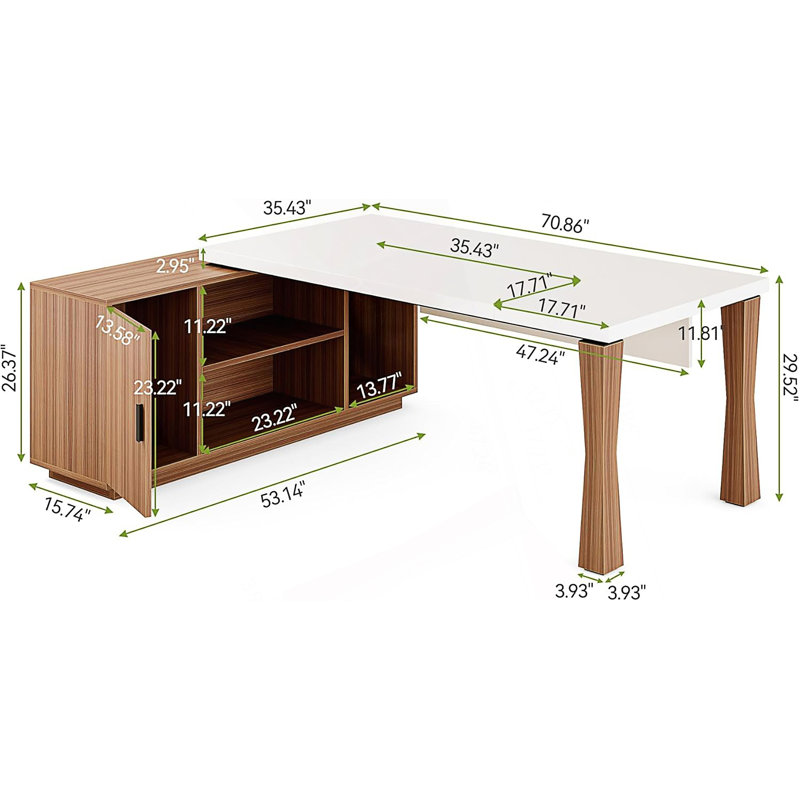 Bureau de direction en L avec armoire de rangement, bureau à domicile moderne avec tablettes et support pour unité centrale