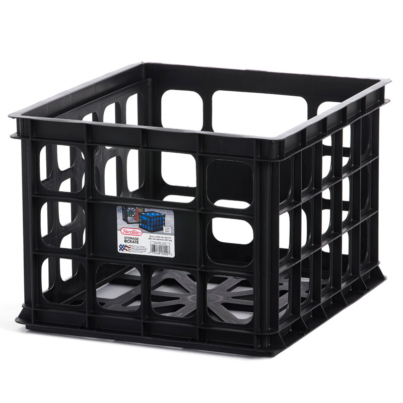 Sterilite Storage Crate, Stackable Plastic Bin Open Basket with Handles, 6, Black
