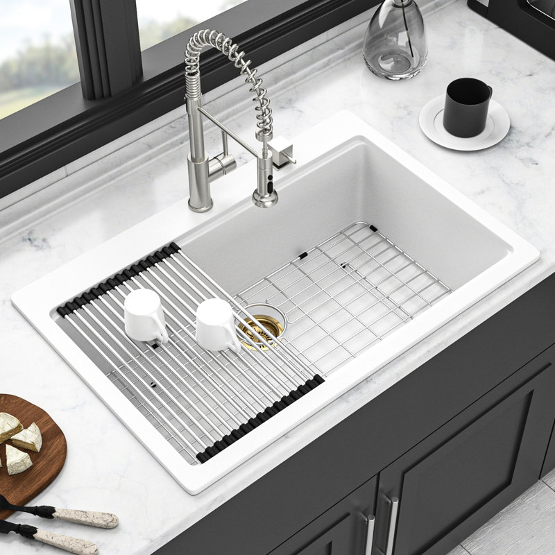 33" Depth 22" Width Quartz Drop - In Workstation Kitchen Sink, , Non Scratching, Drying Rack, Cutting Board White Granite Workstation, Strong And Board, Bottom Grid