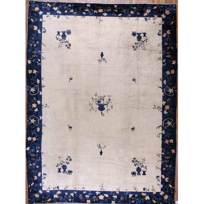 1920s Rectangle Hand Knotted Pile Wool Antique Blue Large Rug