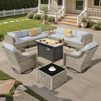 11-Piece Outdoor Patio Conversation Set with Modular Sectional Sofa, Swivel Rocking Chairs and Fire Pit Table