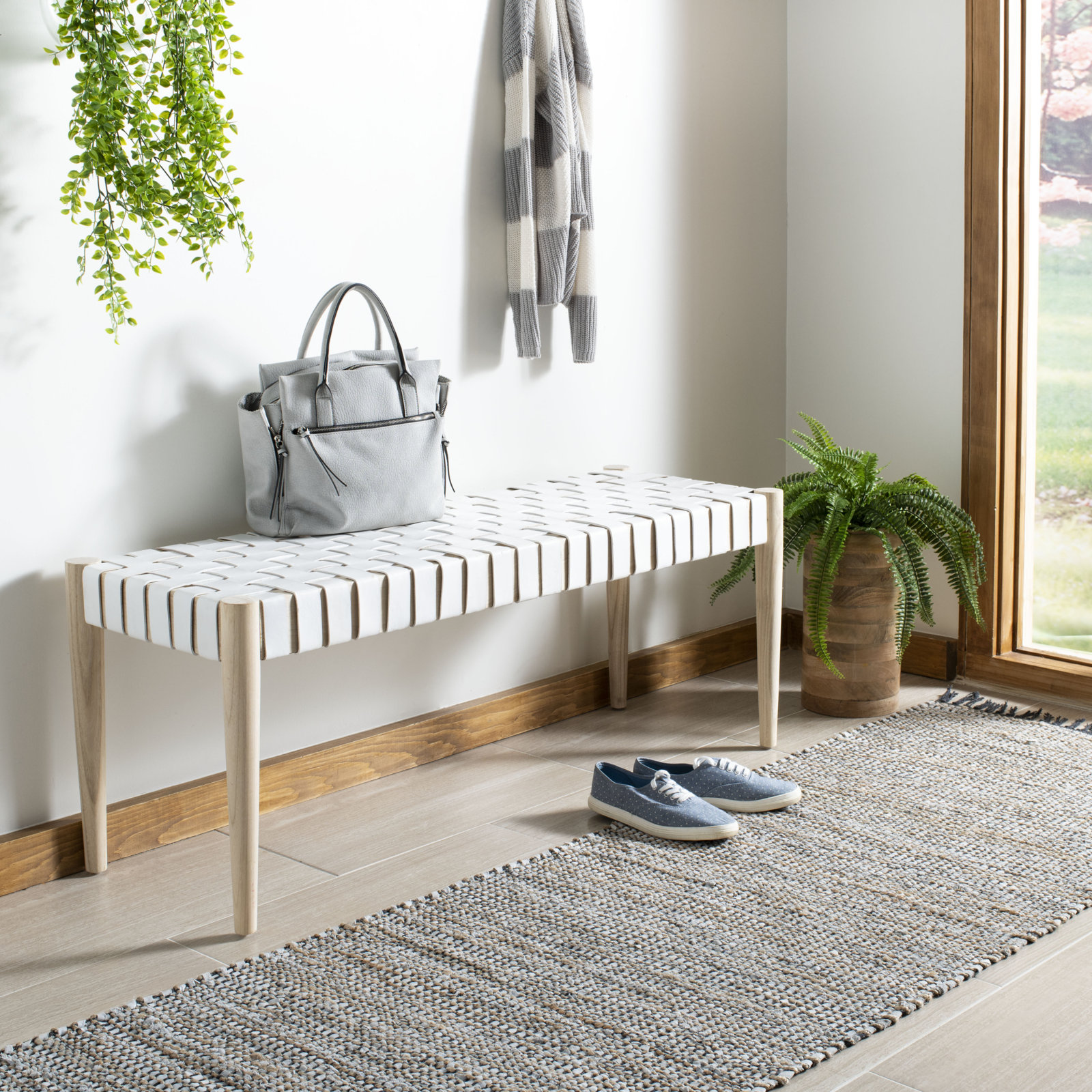 Orin 47" Woven Leather Dining Bench, Light Oak Frame/Off-White Leather