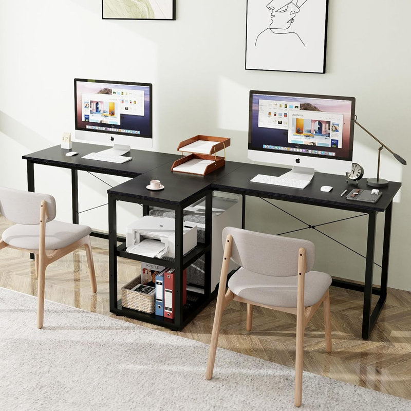 Bureau double de 235 cm de large avec étagères de rangement, bureau de jeu deux places avec support pour boîtier PC, idéal pour le télétravail ou le bureau à domicile.