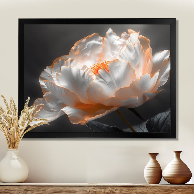 Pivoine blanche glamour de luxe I - pivoines murales, salon, Cadre noir, H 12 po x l 20 po