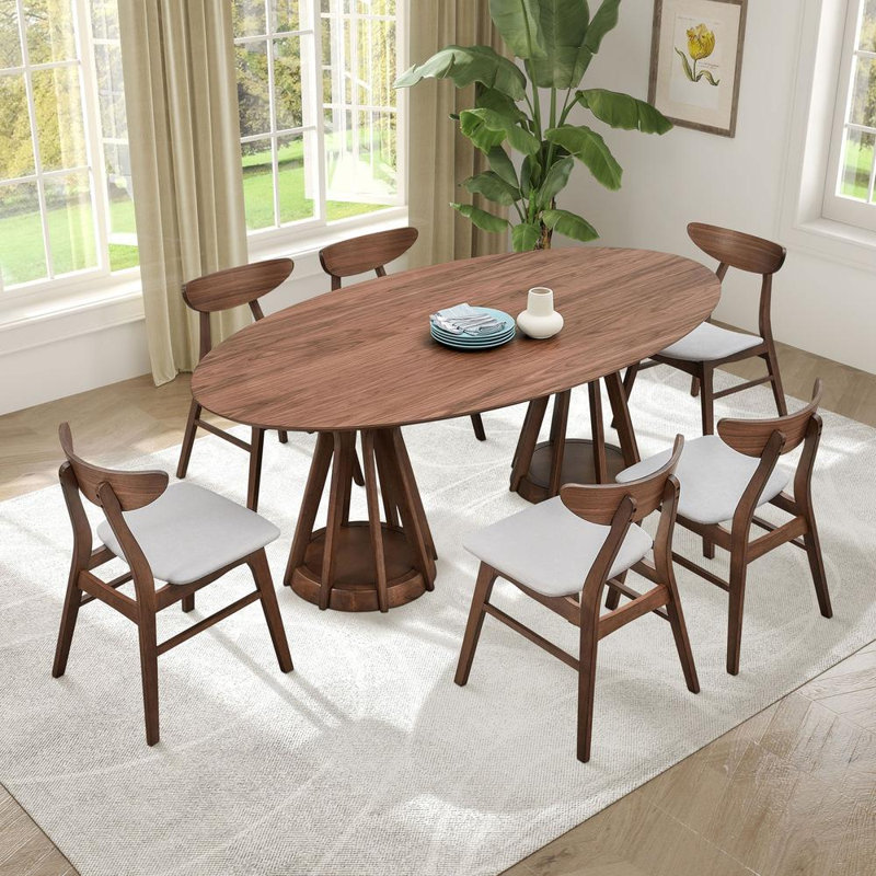 Ensemble de table de salle à manger 7 pièces 7 pièces, Noyer, Noyer / beige