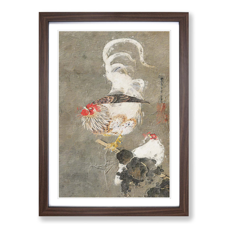 Hen & Rooster by Ito Jakuchu - Picture Frame Painting Print, 48cm H x 36cm W x 2cm D, Walnut Framed