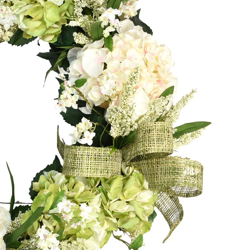 28" Grapevine Wreath With White And Green Hydrangea, Cream Heather And Wild Spray With Bows