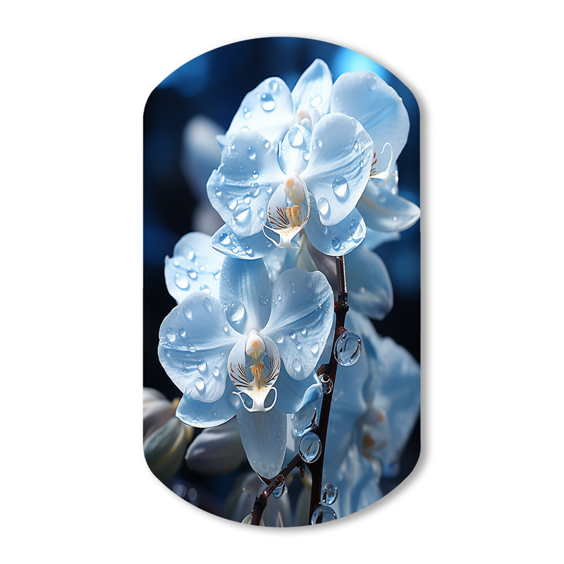 Orchidées nacrées bleues sur fond blanc, H 43 po x l 23 po